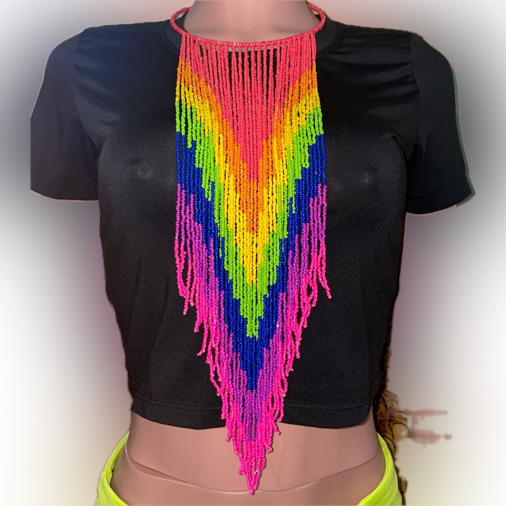 Rainbow fringe beaded wrap necklace with matching earrings